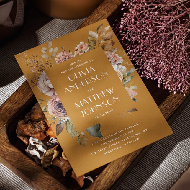 Mustard Brown Wedding. Boho Fall Floral QR Details Invitation (Creator Uploaded)