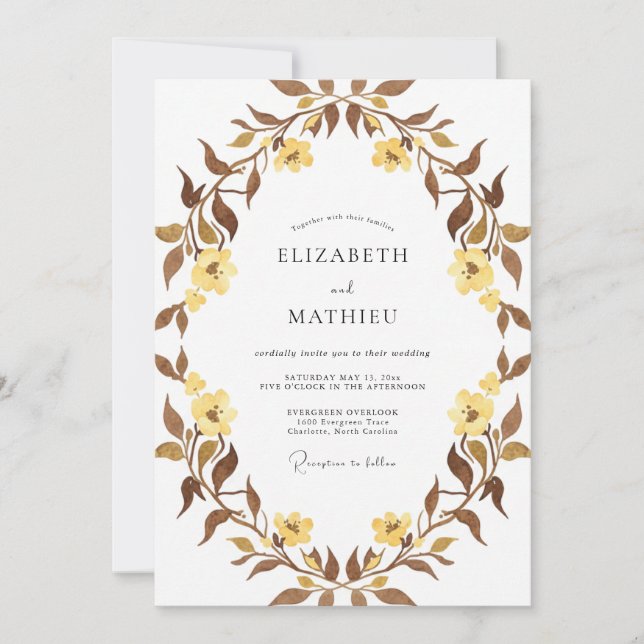 Mustard Brown Wreath Wedding Invitation (Front)