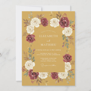 Mustard Burgundy Romantic Floral Wedding Invitation