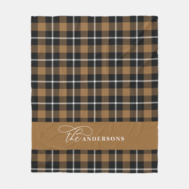 Mustard check tartan script personalised family fleece blanket (Front)