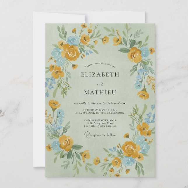 Mustard Cornflower Wreath Wedding Invitation (Front)