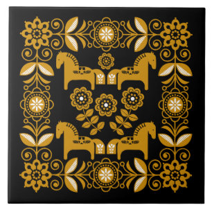 Mustard Dala Swedish Horse Print Ceramic Tile