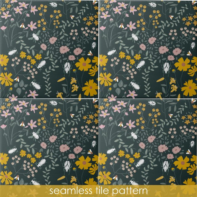 Mustard Floral Beetles & Bees Bohemian Flowers Ceramic Tile (Mustard Floral Beetles & Bees Bohemian Wildflowers Ceramic Tile)