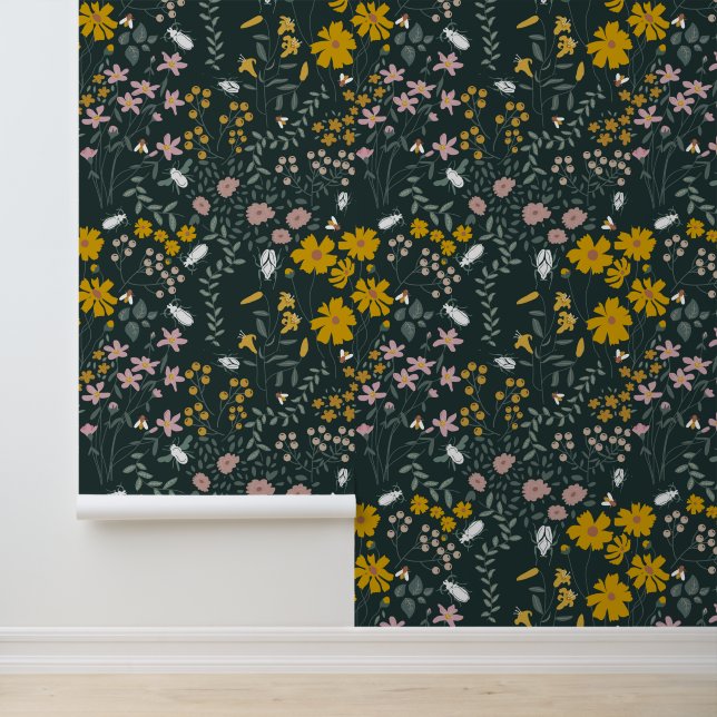 Mustard Floral Beetles & Bees Bohemian Wildflowers Wallpaper (Application)