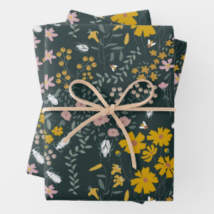 Mustard Floral Beetles & Bees Bohemian Wildflowers Wrapping Paper Sheet