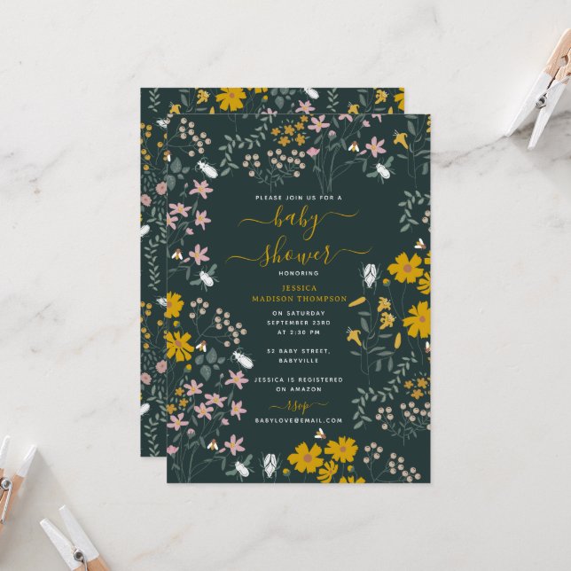 Mustard Floral Bohemian Wildflowers Baby Shower Invitation (Front/Back In Situ)