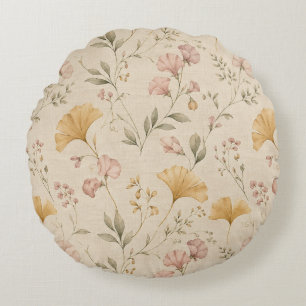 Mustard Floral Vintage Vine Botanical Throw Blanke Round Cushion