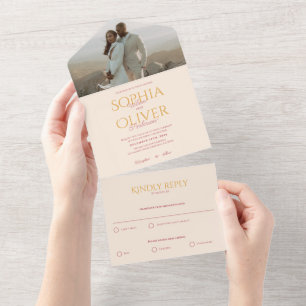 Mustard gold and blush photo wedding  all in one invitation