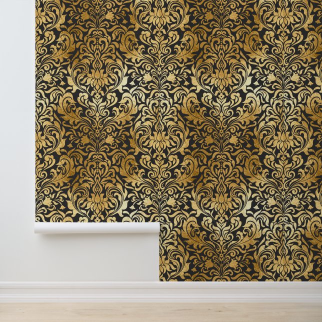 Mustard Gold Black Elegant Floral Wallpaper (Application)