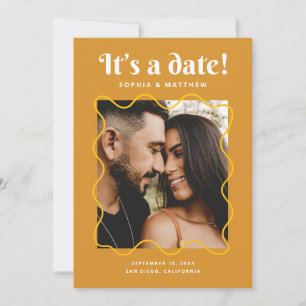 Mustard Gold Retro Wedding   Wavy Frame Photo + QR Save The Date