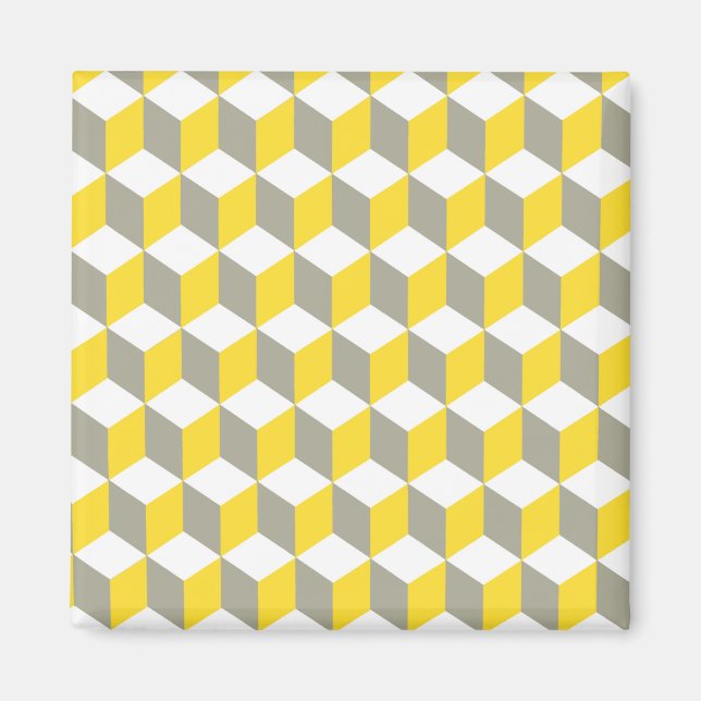 Mustard Grey and White Isometric Cube Pattern Magnet (Front)