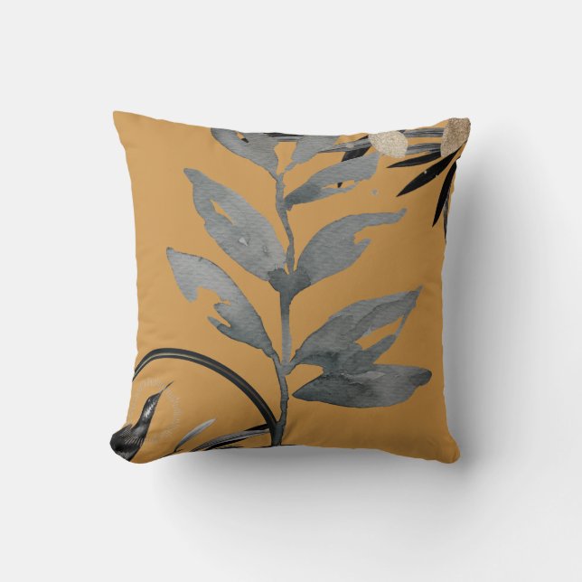 Mustard & Grey Artistic Watercolor Leaves Cushion (Front)