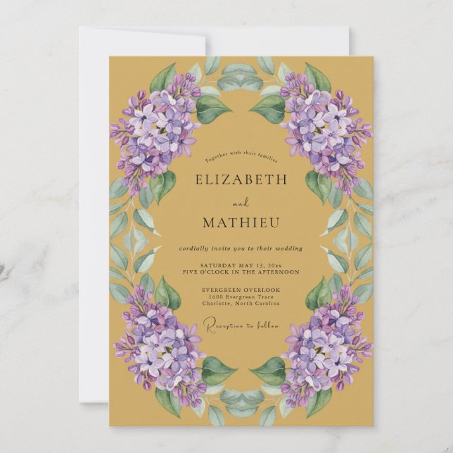 Mustard Lilac Wreath Wedding Invitation (Front)