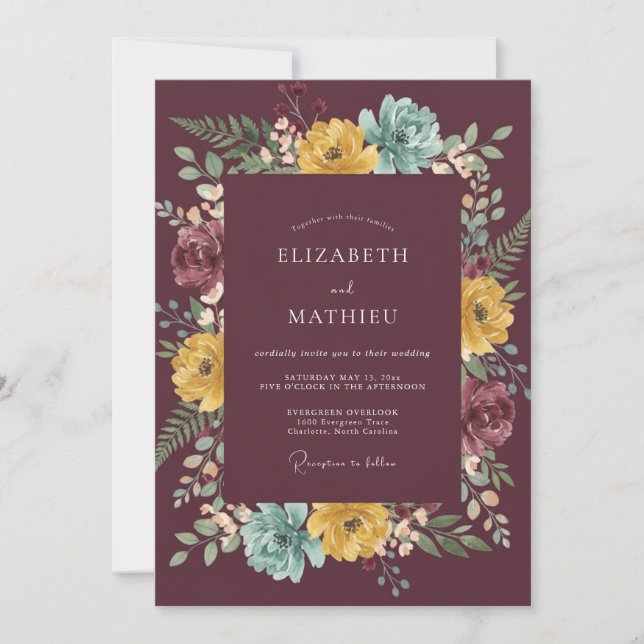 Mustard Maroon Leafy Wedding Invitation (Front)