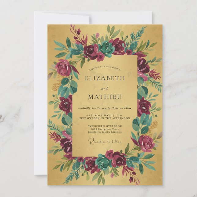 Mustard Maroon Rose Wedding Invitation (Front)