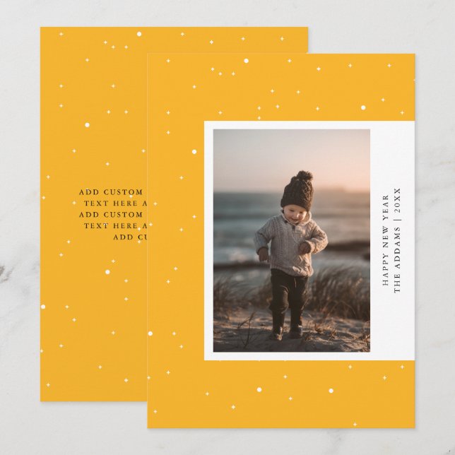 Mustard Modern Aside Photo New Year Holiday Card (Front/Back)