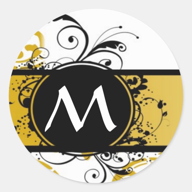Mustard monogram damask pattern classic round sticker (Front)