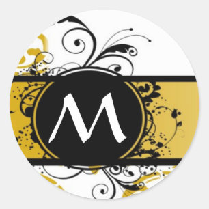 Mustard monogram damask pattern classic round sticker