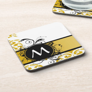Mustard monogrammed damask pattern coaster