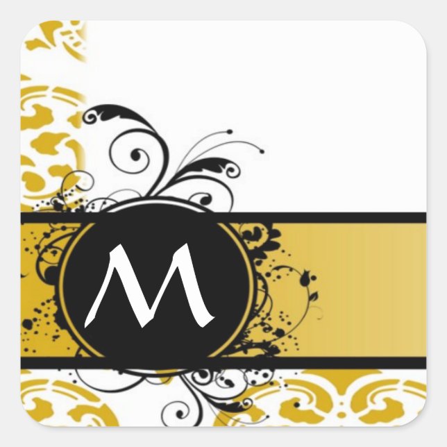 Mustard monogrammed damask pattern square sticker (Front)