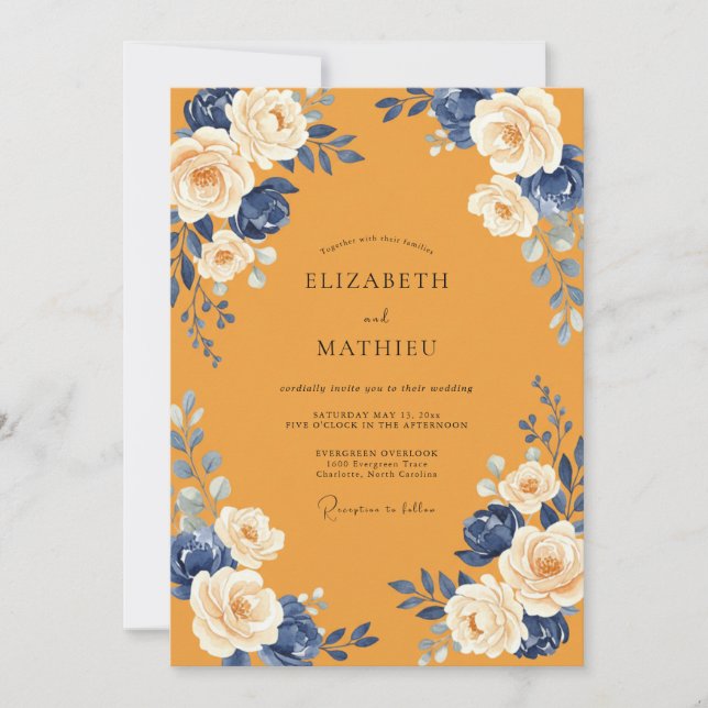 Mustard Navy Rose Wedding Invitation (Front)