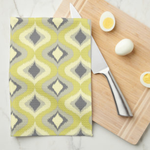 Mustard Ochre Yellow Green Ikat Ogee Art Pattern Tea Towel