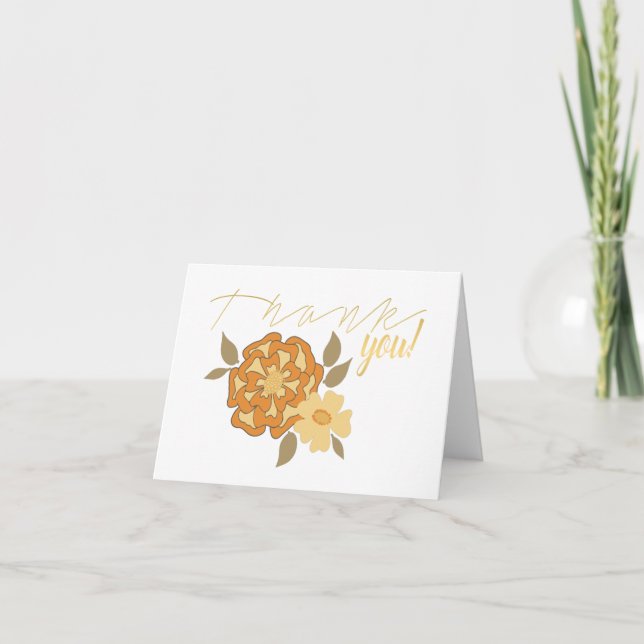 Mustard Orange Flowers Green Vines Motif Thank You Card (Front)