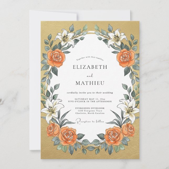 Mustard Orange Lily Wedding Invitation (Front)