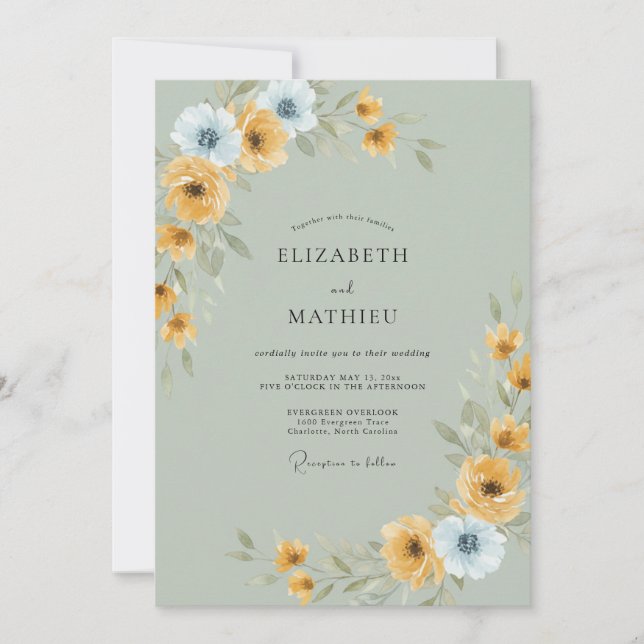 Mustard Periwinkle Ranunculus Eucalyptus Wedding Invitation (Front)