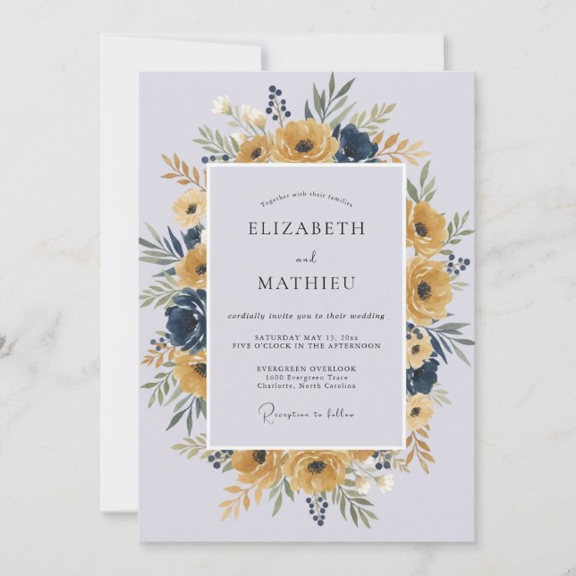 Mustard Periwinkle Wreath Wedding Invitation (Front)