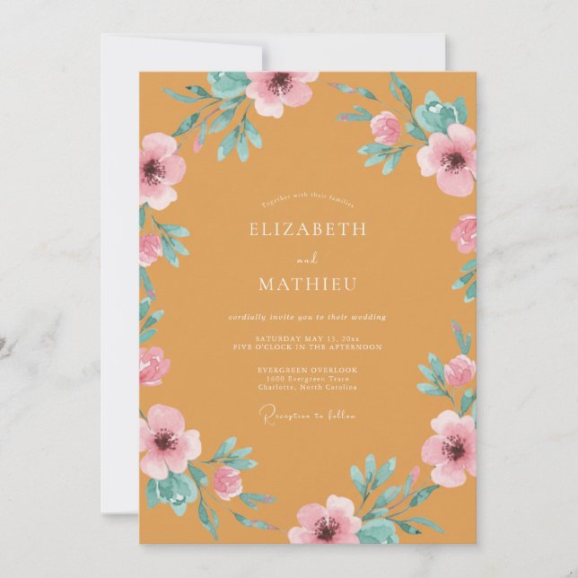 Mustard Pink Poppy Wedding Invitation (Front)