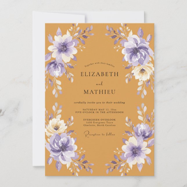 Mustard Purple Botanical Wedding Invitation (Front)