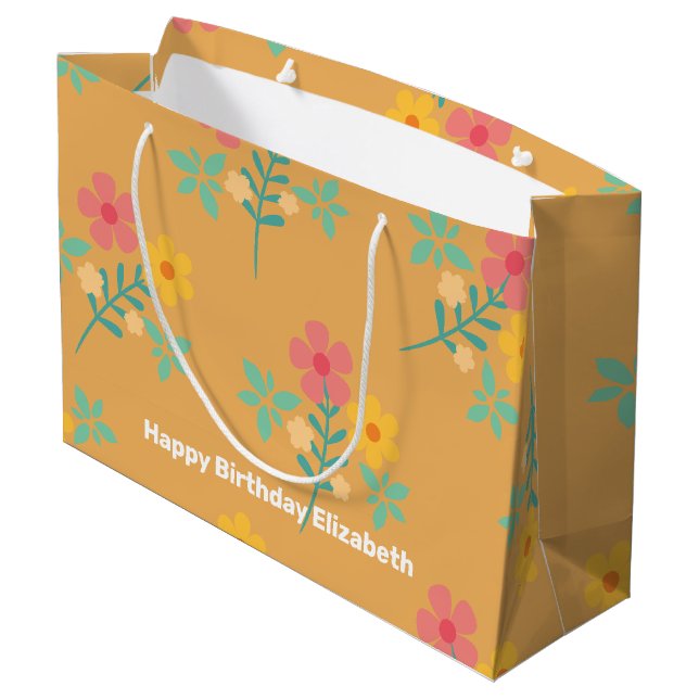 Mustard Retro Daisy Bouquet Pattern Customised Large Gift Bag (Back Angled)