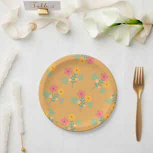 Mustard Retro Daisy Bouquet Pattern Paper Plate