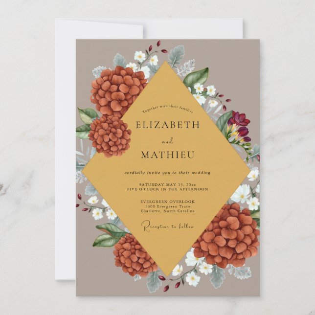 Mustard Rust Hydrangea Eucalyptus Wedding Invitation (Front)