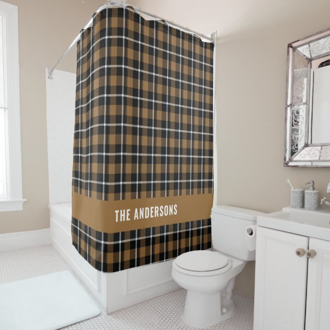 Mustard tartan modern rustic personalised shower c shower curtain (In Situ)