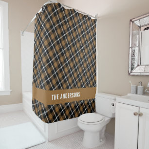 Mustard tartan modern rustic personalised shower curtain