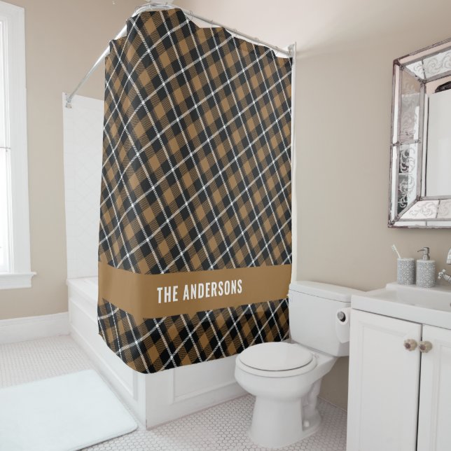 Mustard tartan modern rustic personalised shower curtain (In Situ)