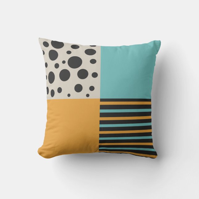 Mustard Teal Grey Circle Stripe Retro Geometric Cushion (Front)