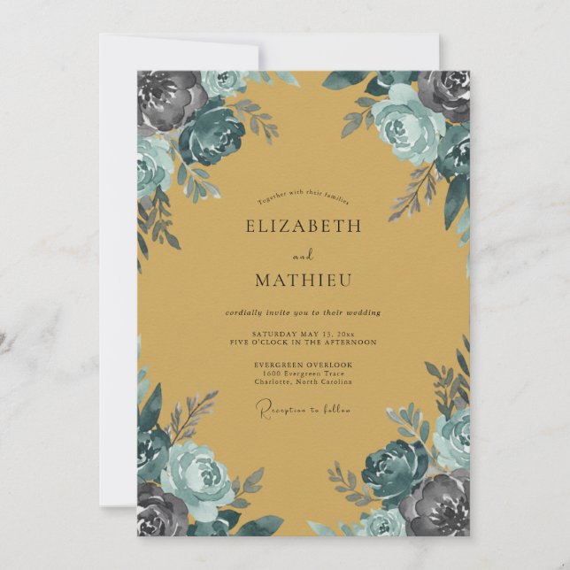 Mustard Teal Rose Wedding Invitation (Front)