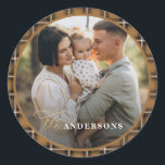 Mustard traditional tartan personalised christmas classic round sticker<br><div class="desc">Christmas mustard and black tartan plaid check stylish elegant holiday decor favour sticker. Gold effect script text. Modern traditional design.</div>