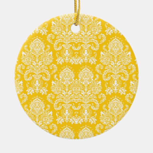 Mustard Victorian Damask Ceramic Ornament (Front)