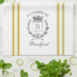 Mustard Vintage Style French Sack with Custom Name Tea Towel<br><div class="desc">Vintage French etched graphics and mustard yellow ticking tape stripes are the perfect addition to your French country kitchen decor on this waffle knit custom towel. Don't forget the finishing touch of personalisation with your monogram and family name.</div>