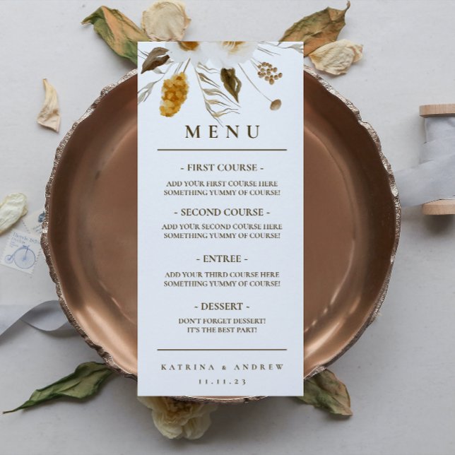 Mustard Watercolor Floral Wedding Dinner Menu (Creator Uploaded)
