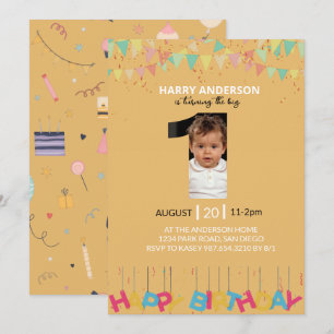 Mustard Yellow 1st Birthday Photo, Big One Boy Invitation