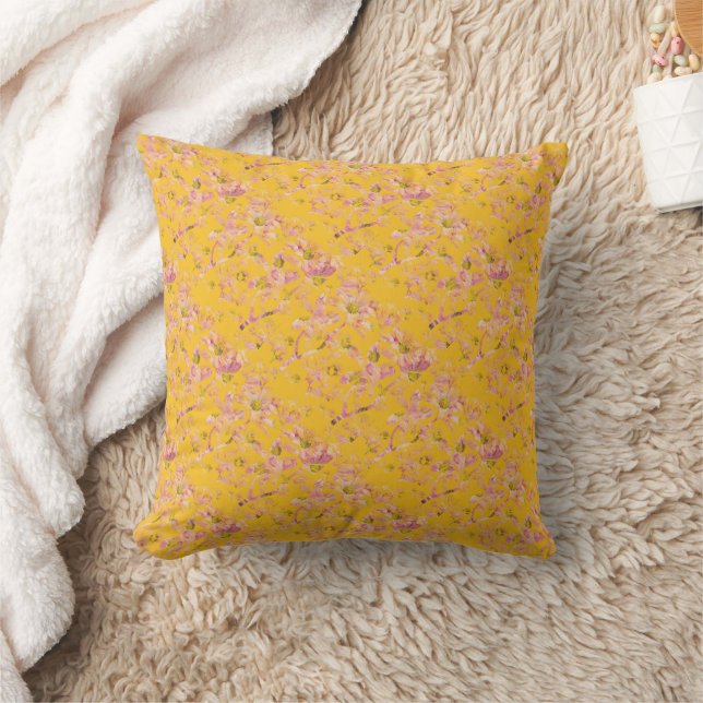 Mustard Yellow and Pink Floral Cushion (Blanket)