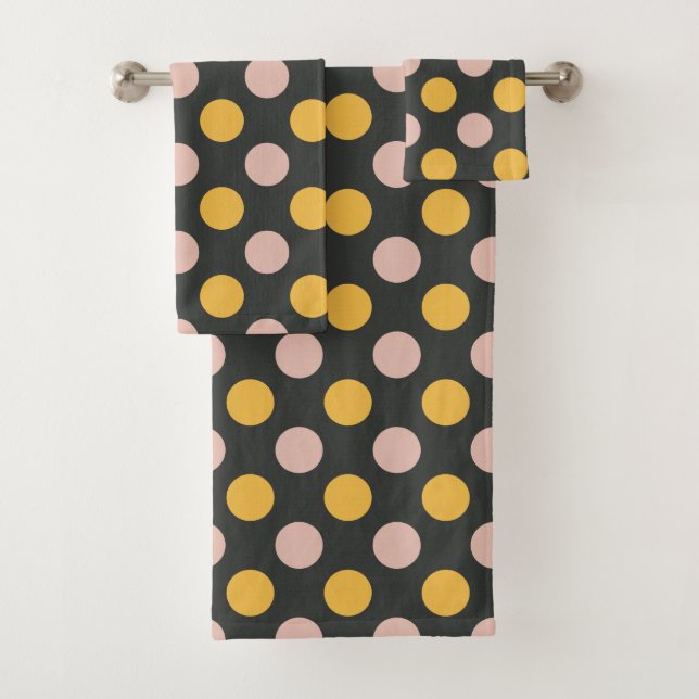 Mustard Yellow and Pink Polka Dot Pattern Bath Towel Set (Insitu)