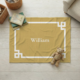 Mustard Yellow and White Greek Key Monogram Fleece Blanket