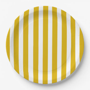 Mustard Yellow and White Vertical Stripes Paper Plate