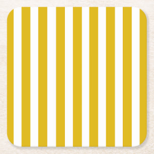 Mustard Yellow and White Vertical Stripes Square Paper Coaster